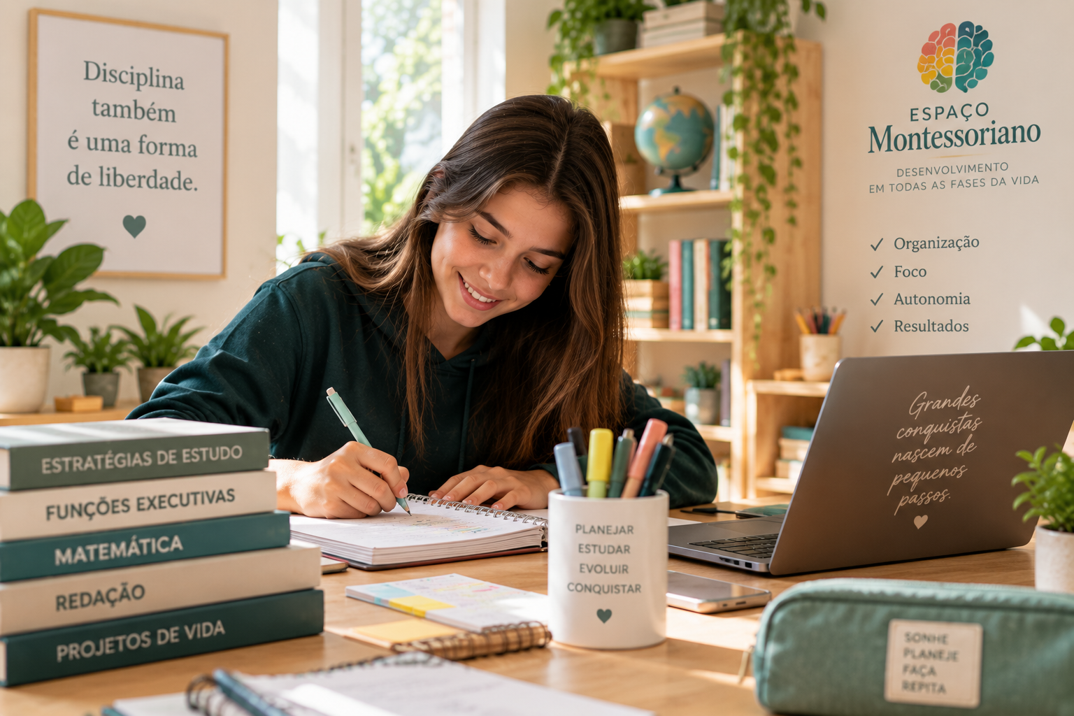 Adolescente em atividade de estudo e organização da aprendizagem