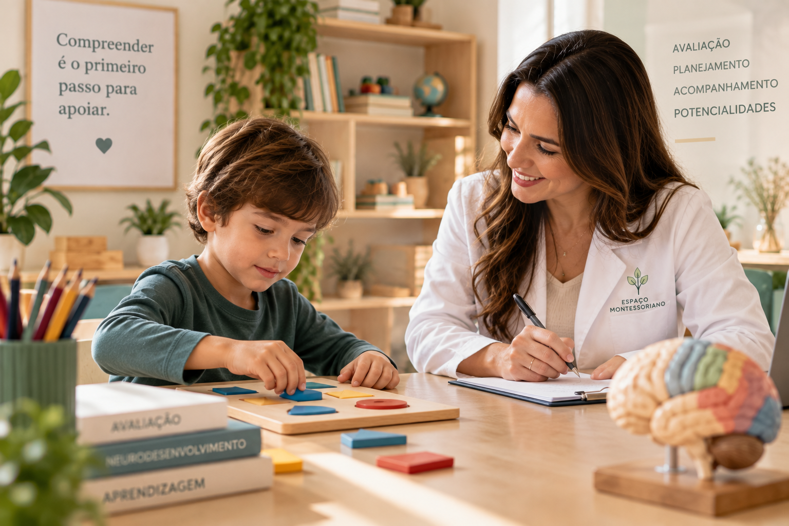 Criança em ambiente de aprendizagem inspirado nos princípios Montessori